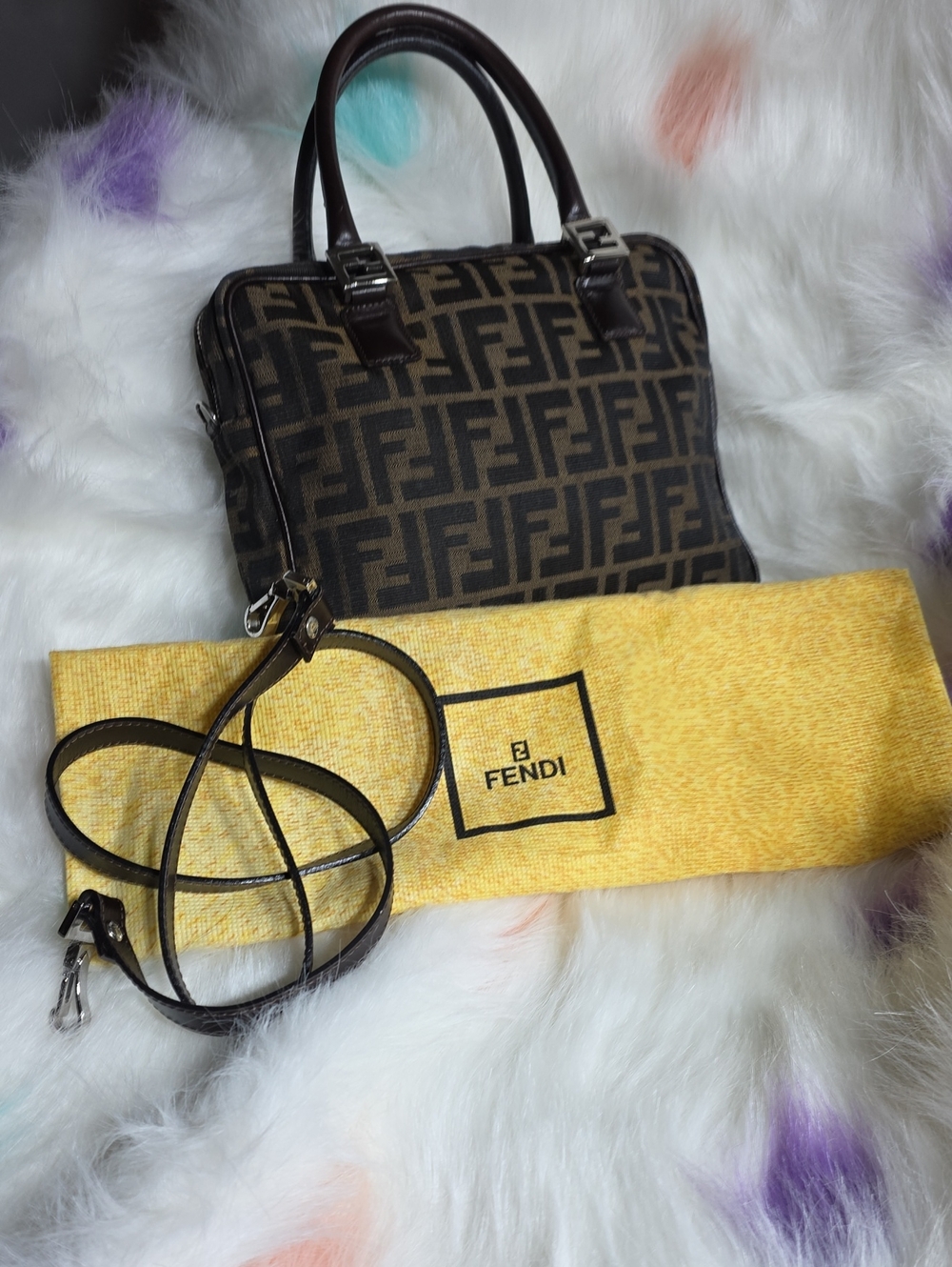 Authentic Fendi Brown Zucca Canvas Top-Handle Satchel with Detachable Strap